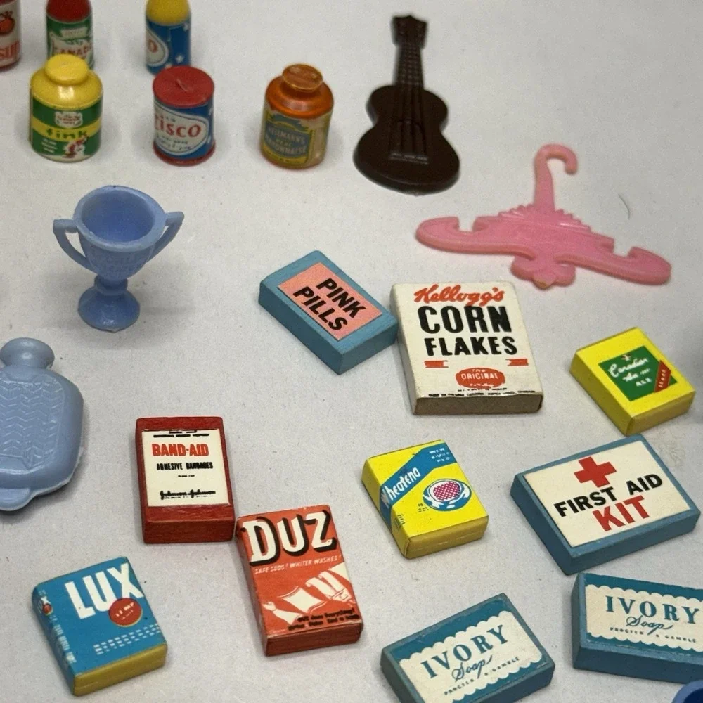 Vintage dollhouse lot miniature‎ kitchen food books his/her towels plates wallet